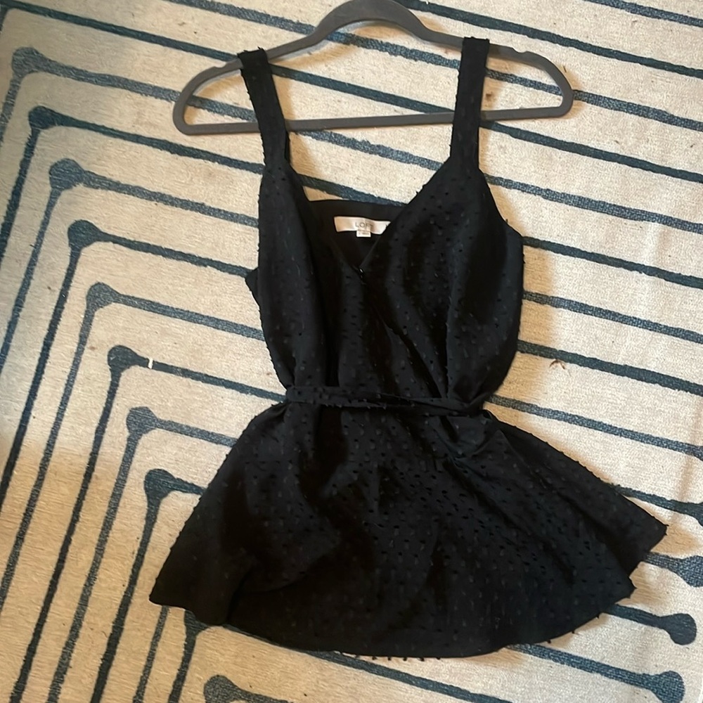 LOFT black Swiss dot peplum wrap top and tie detail. Size L